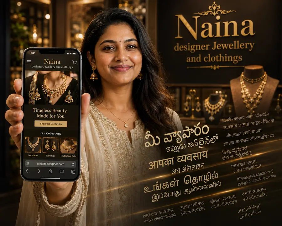 Illustration of a shop owner holding up a phone showing her own website, her lit shop behind her, with text in several Indian languages reading "your business now online".