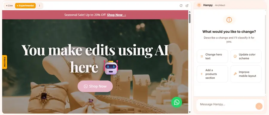 The Hampox editor on the Experimental canvas. A preview of a jewellery shop page, its headline replaced with the words "You make edits using AI here", beside a chat panel offering changes like "Change hero text" and "Update color scheme", with a Push to Live button above it.